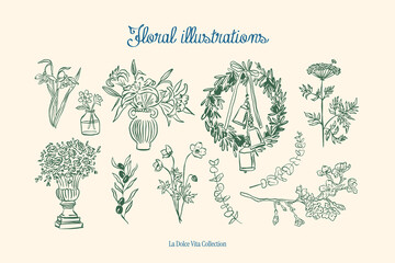 Minimalist hand drawn botanical vector illustration collection. Art for greeting cards, wedding invitations, poster design, postcards, branding, logo design, background.