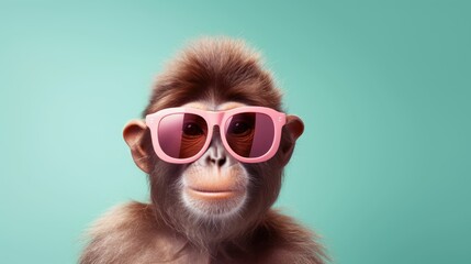 Monkey in sunglass shade glasses isolated on solid pastel background, advertisement, surreal surrealism
