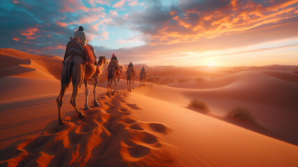 Camel Caravan in Desert Sunset: Nomadic Journey through Sand Dunes. Morocco and Algeria. Sahara desert. - obrazy, fototapety, plakaty