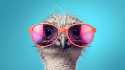 Ostrich bird in sunglass shade glasses isolated on solid pastel background, advertisement, surreal...