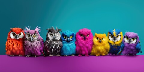 owl bird in a group, vibrant bright fashionable outfits isolated on solid background advertisement, birthday party invite invitation banner