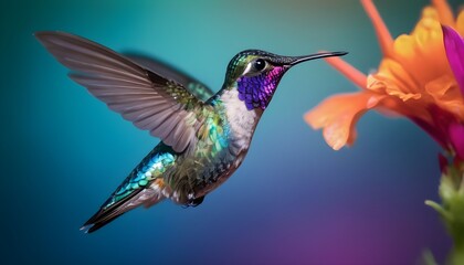 hummingbird feeding on a flower - obrazy, fototapety, plakaty