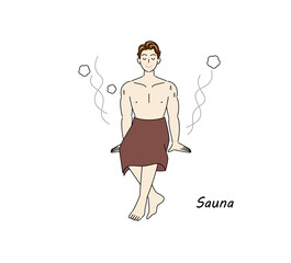 サウナから水風呂の後、休憩スペースへ移動し、外気に当たりながら体を冷ましている爽やかな男性 ととのう イラスト