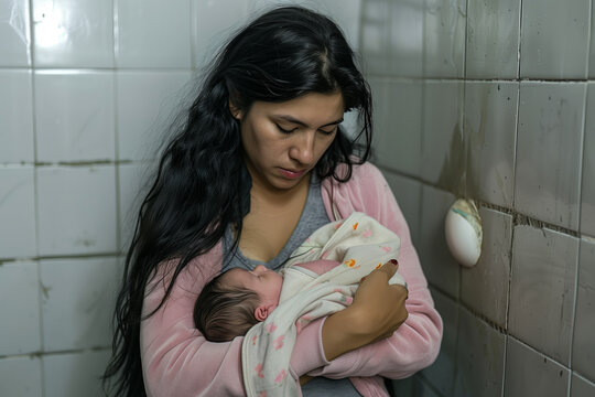 Vulnerable poor needy Colombian homeless woman unhappy and sad with her newborn baby alone in dirty public toilet suffering from poverty and hard dangerous street life