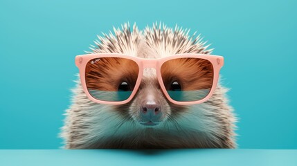 Obraz premium Porcupine in sunglass shade glasses isolated on solid pastel background, advertisement, surreal surrealism