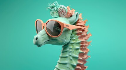 Seahorse in sunglass shade glasses isolated on solid pastel background, advertisement, surreal...