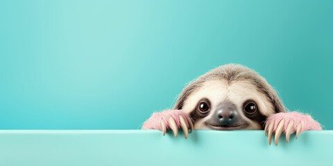 Obraz premium Sloth peeking over pastel bright background. advertisement, banner,. birthday party invite invitation banner