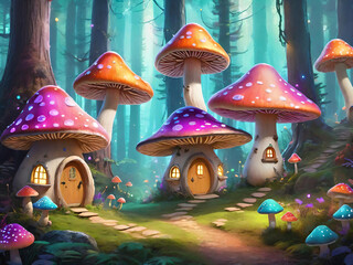 Mushroom village in the forest