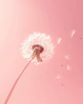Dandelion head with seeds being blown away on pastel pink background. Soft and dreamy aesthetic. Minimal spring card