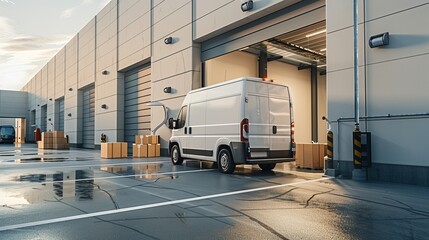 The exterior of a logistics warehouse, with an open door and a delivery van loaded with cardboard boxes, illustrates the delivery of online orders and wholesale merchandise