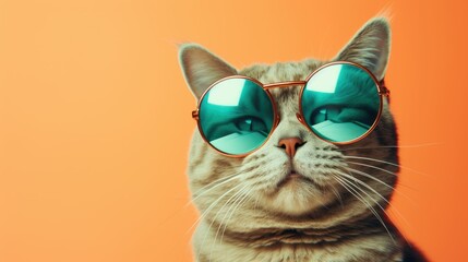 Tabby cat kitty kitten in sunglass shade glasses isolated on solid pastel background, advertisement, surreal surrealism
