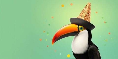 Fototapeta premium Toucan hornbill bird in party cone hat necklace bowtie outfit isolated on solid pastel background advertisement, birthday party invite invitation banner