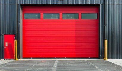 Top notch red sectional garage door beside a residence