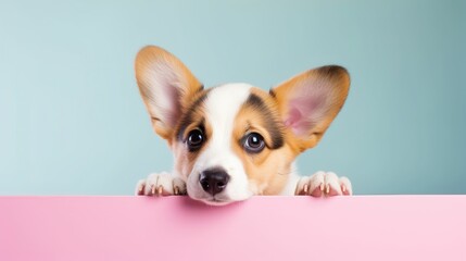 Welsh Corgi dog puppy peeking over pastel bright background. advertisement, card. copy text space....