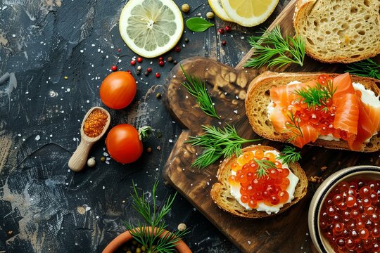 Top view of a smorrebrod sandwich with capelin caviar and salmon pate on a table for a healthy outdoor snack Background image with space for text