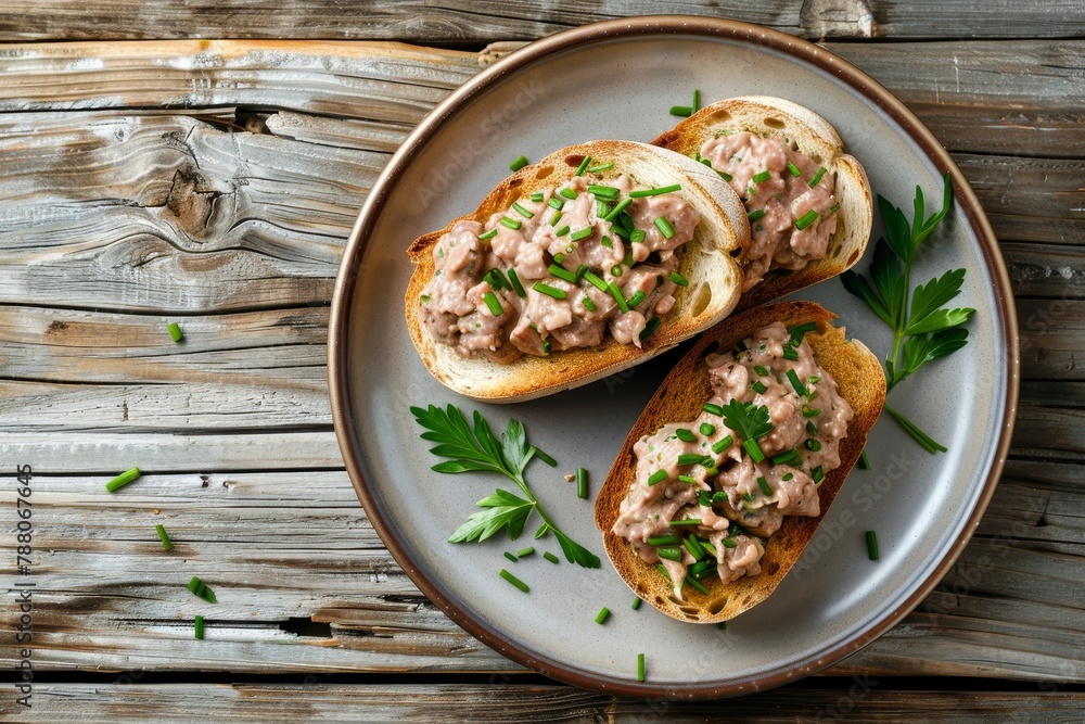 Poster Top view of chicken liver pate on toast on wooden background