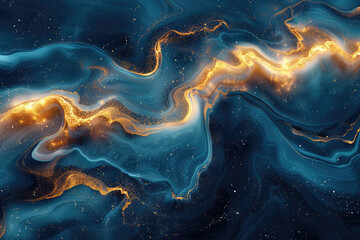 Ethereal blue and gold swirls with an ethereal glow, creating the illusion of floating in space, set against deep navy waves. Created with Ai - obrazy, fototapety, plakaty