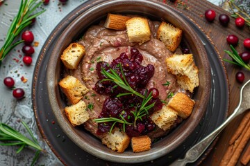 Top view of chicken liver pate with cranberry sauce and croutons