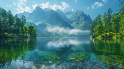 Fototapeta na wymiar Beautiful lake in the mountains with green forest and foggy mountain peaks in sunny day, nature landscape background. Created with Ai