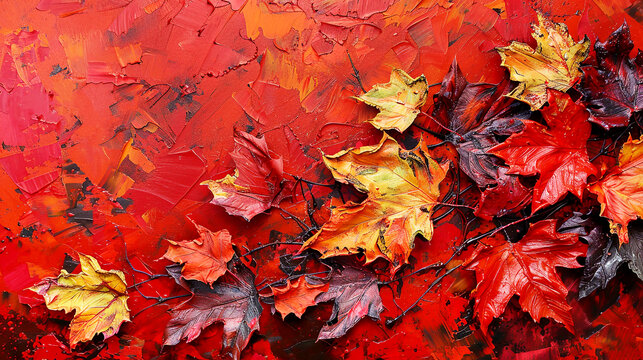 Design illustration with red maple leaves. Oil painting banner. Concept of Autumn.