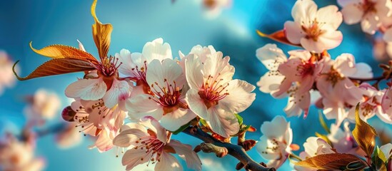 Underneath a blossoming almond tree, adorned with fragile pink and white flowers contrasted by a vivid blue sky in the springtime.