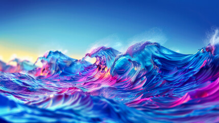 A wave of water with a pink and purple sky in the background. The water is a mix of blue and pink...