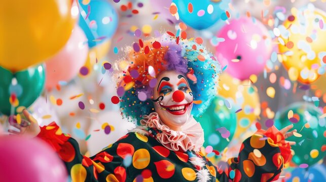 Colorful Clown Celebrating with Balloons and Confetti