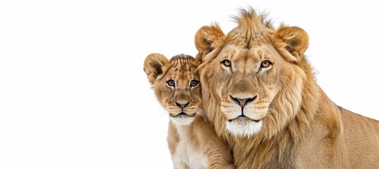 Male lion and cub portrait with ample text space, object on right side for balanced composition