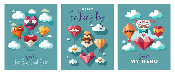 Happy Father's day card set. background origami hearts over clouds with air balloons, paper mustache, glasses and bow tie. Paper art, digital craft style. abstract illustration.