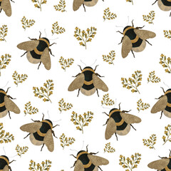 delicate seamless print with bumblebees and golden plants on a white background