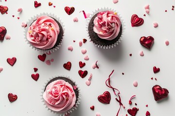 Valentine s Day cupcakes on white background top view