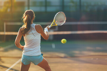 Back view of tennis sportswoman training on court, hitting ball across the court - Powered by Adobe