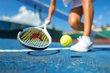 Woman tennis sportswoman running for tennis ball with racket on court. Close up view