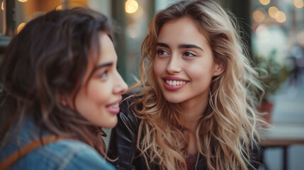 街中で談笑する2人の若い女性