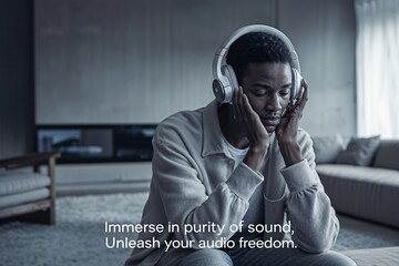 Man in Modern Home Lost in Music with High-End Wireless Headphones with marketing slogan - obrazy, fototapety, plakaty