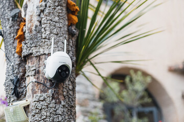 Wireless outdoor surveillance cameras on a tree in the garden - autonomous security system for a country house