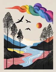 Pomeriggio nella natura dopo la  tempesta con foreste e uccelli, tecnica grafica e pittorica.  Arcobaleno a forma di nuvola.