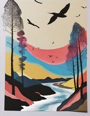 Pomeriggio nella natura dopo la  tempesta con foreste e uccelli, tecnica grafica e pittorica. 