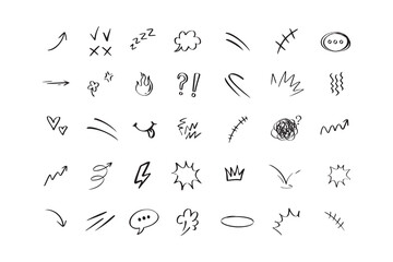 Doodle hand drawn cute cartoon expression sign. Line curve arrows, emoticon elements, symbols