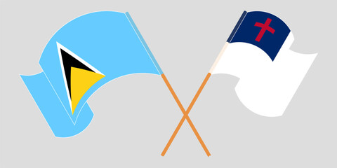 Crossed and waving flags of Saint Lucia and christianity