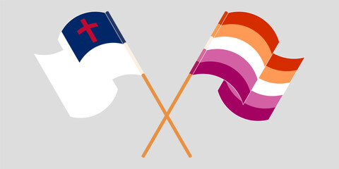 Crossed and waving flags of christianity and Lesbian Pride