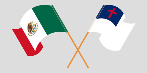 Crossed and waving flags of Mexico and christianity