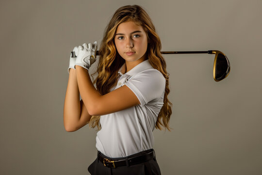 Stylish woman golfer holding a golf club. Female Golf athlete with a racket posing for a picture