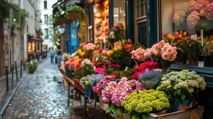Fototapeta na wymiar Shop on sale of flowers in Paris, France