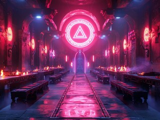 A neon-lit Viking hall in a futuristic Valhalla, where warriors feast and recount battles in virtual realms  - obrazy, fototapety, plakaty