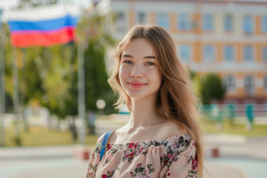 Brunette Russian female student posing in front of a university in Moscow, Russia she is smiling and wearing a floral dress