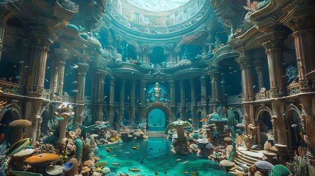 A mythical underwater palace, where Poseidon holds court among sea creatures and merfolk, under a dome of coral