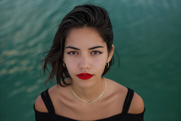 A woman with red lipstick