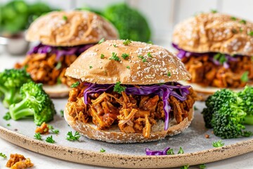 Vegan pulled pork sandwich with broccoli slaw on whole wheat buns