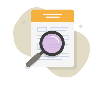Analyzing tax form review icon flat vector graphic, audit inspect quiz statement document report, access research paper sheet application data illustration, investigate via magnifier glass image